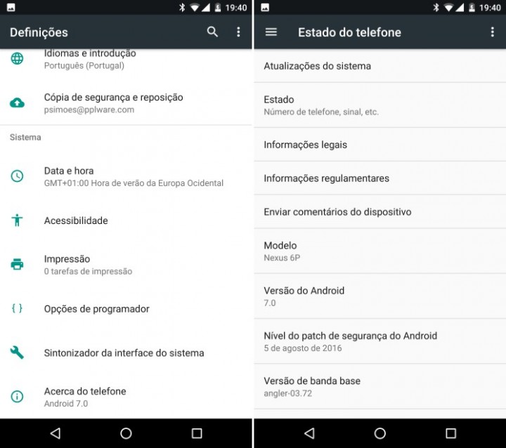 Android Nougat Definições