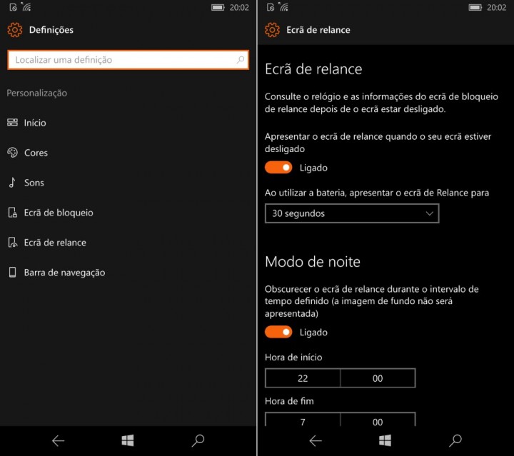 Windows 10 Mobile Ecrã de relance
