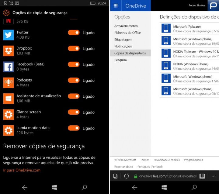Windows 10 Mobile gerir backups