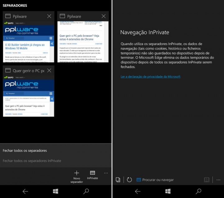 Windows 10 Mobile Edge privado
