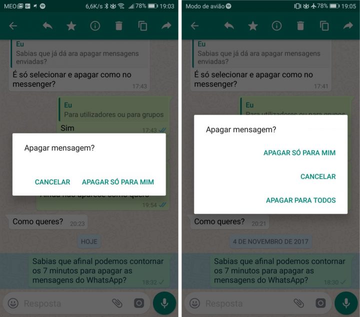 WhatsApp apagar mensagens