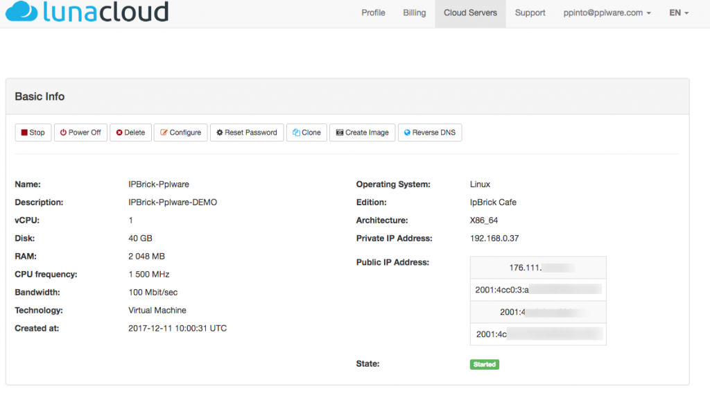 Auto-aprovisionar uma IPBRICK na LunaCloud