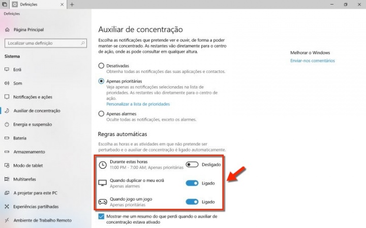 Windows 10 Auxiliar de concentração Atualização de abril