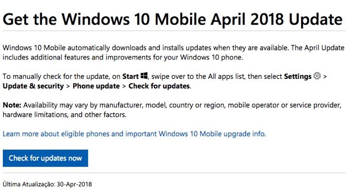 Atualização de abril Windows Mobile Microsoft