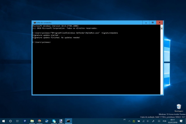 Windows 10 Windows Defender Dos linha de comando