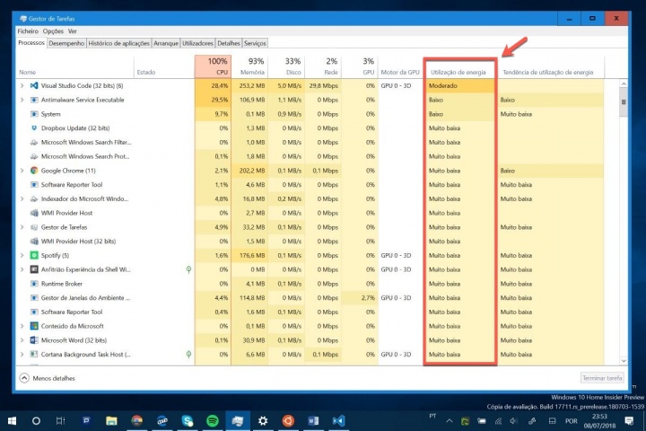Windows 10 Microsoft consumo energia Gestor de Tarefas
