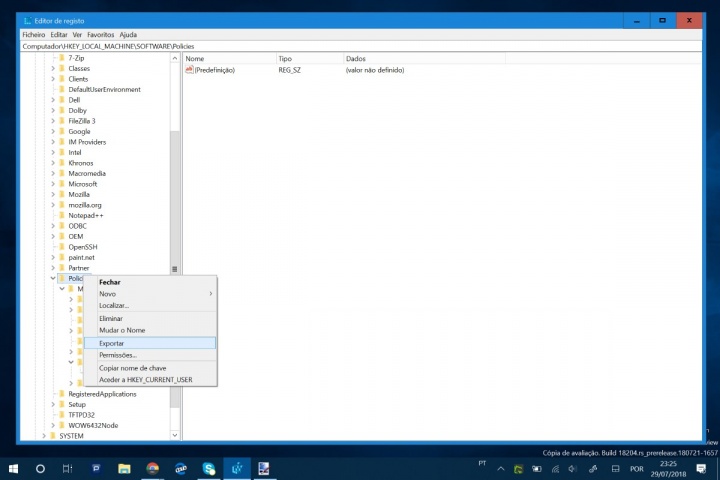 Windows 10 exportar importar chave de registo