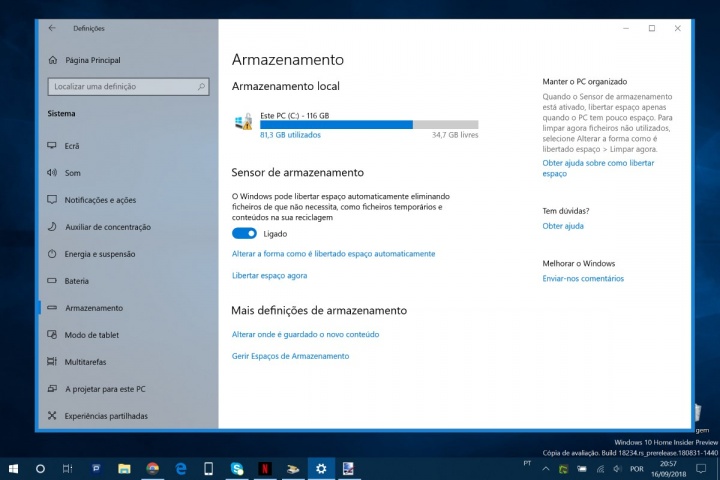 Sensor de Armazenamento Limpeza de Disco Windows 10 Microsoft