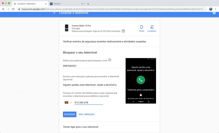 Android smartphone bloquear Google Localizar o telemóvel