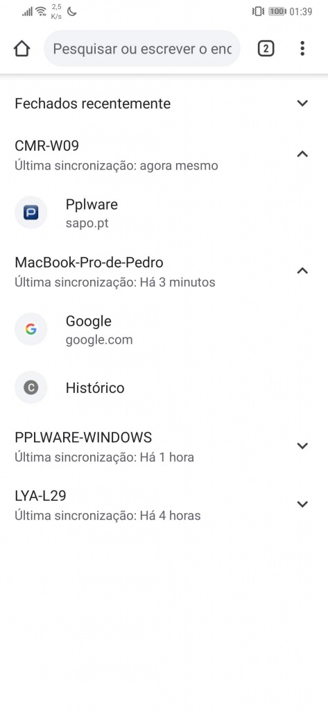 Chrome Android PC separadores abertos