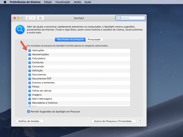 Spotlight macOS pesquisa configurar resultados