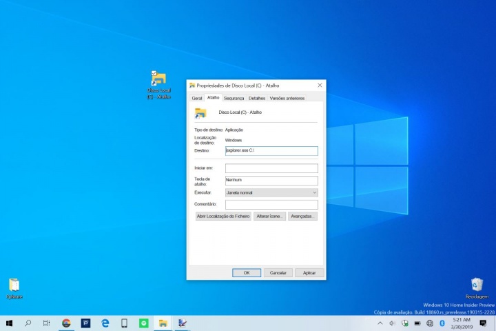 Windows 10 atalho disco barra tarefas