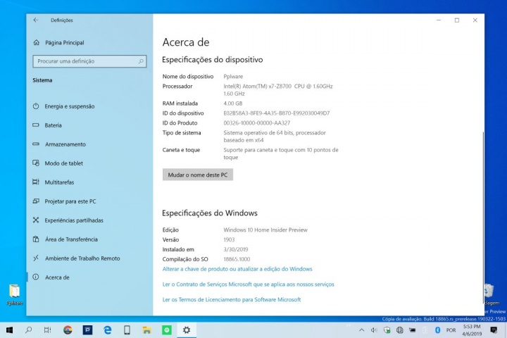Windows 10 especificações computador dados rapidamente