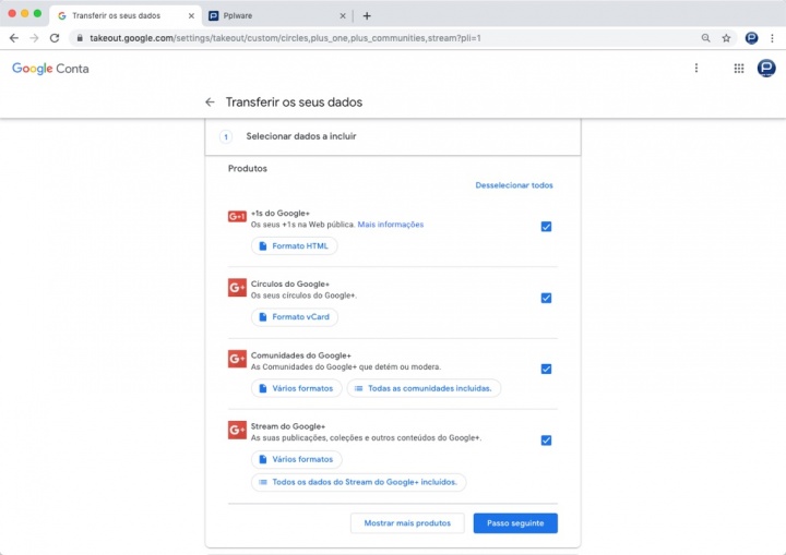 Google+ exportar dados Google descarregar