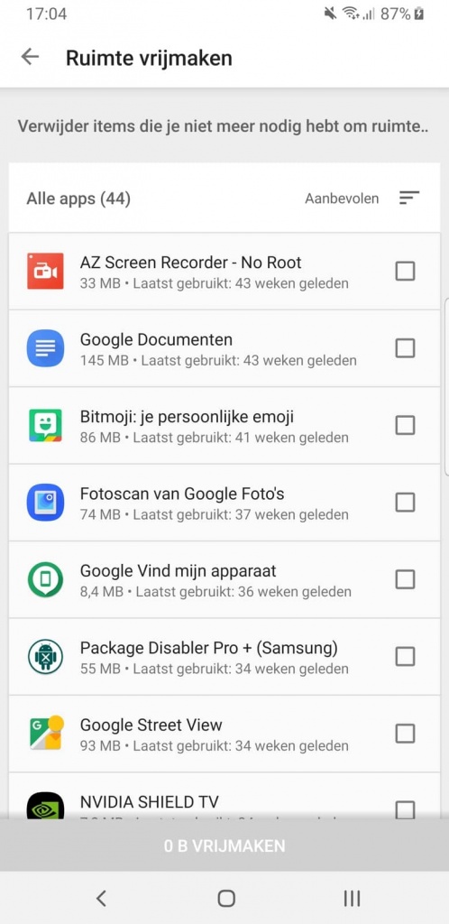 Android Play Store apps espaço armazenamento