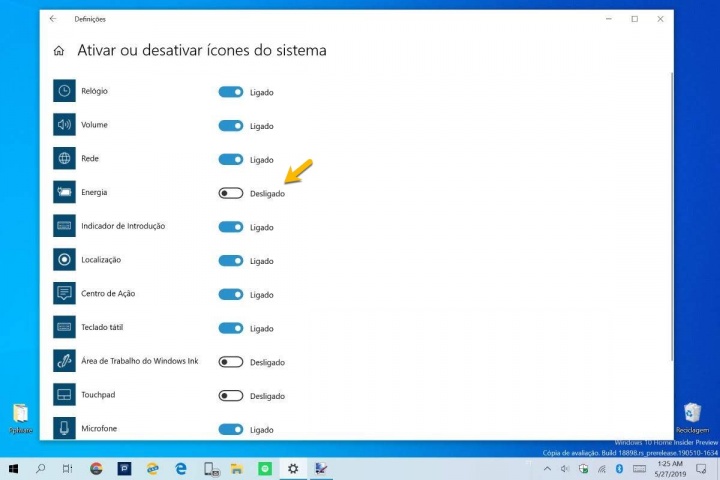 Windows 10 bateria barra tarefas indicador