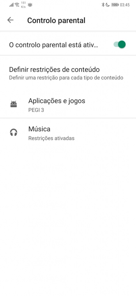 Android Play Store controlo parental aplicações música