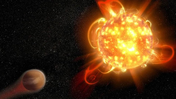 Representação artística de uma super-chama numa estrela - NASA, ESA e D. Player