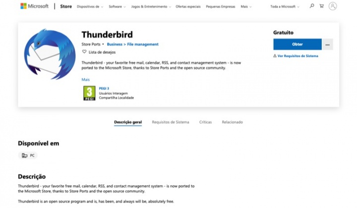 Thunderbird Mozilla apps Microsoft loja