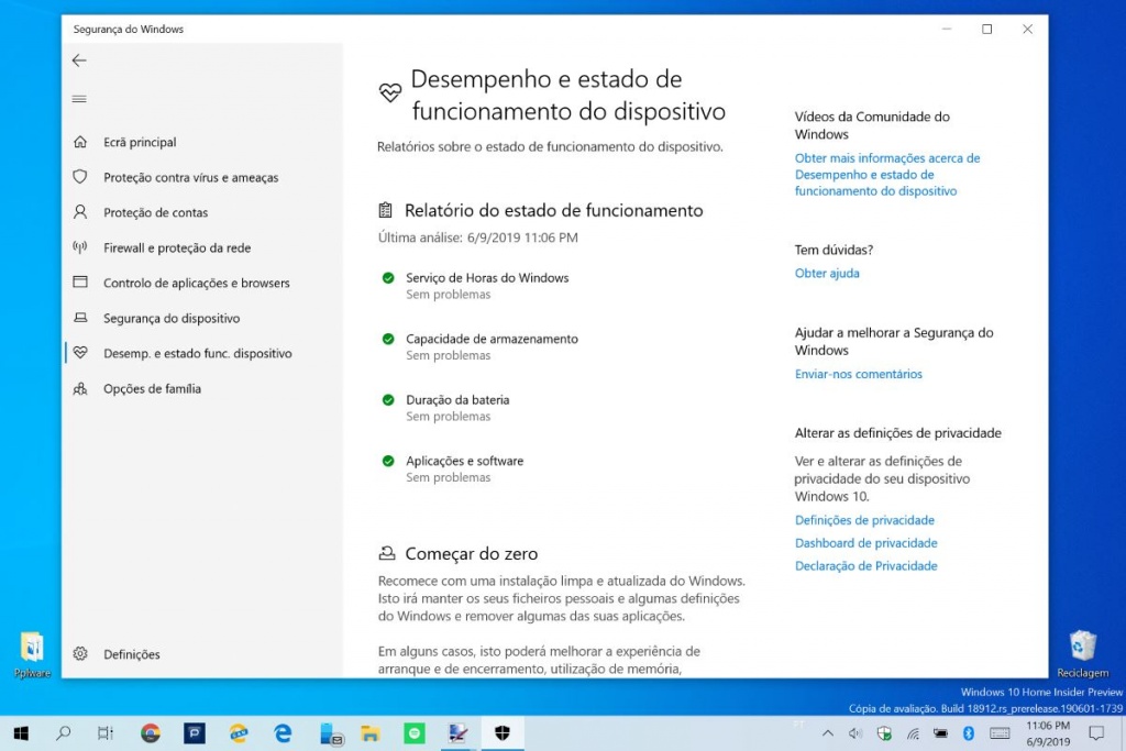 Windows 10 computador saúde segurança sistema