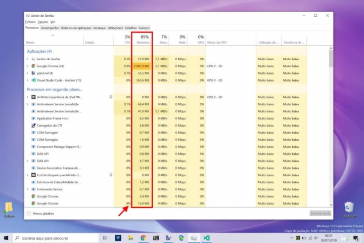 Windows 10 memória RAM consumir apps