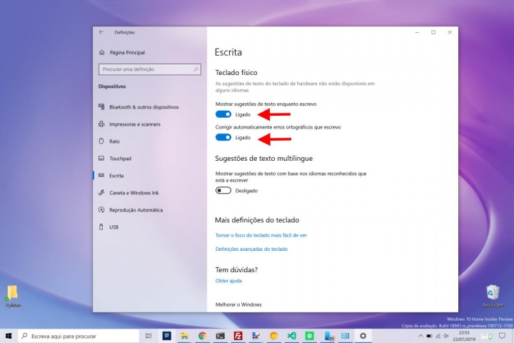 teclado sugestão texto Windows 10 escrito