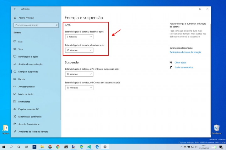 Windows 10 energia ecrã suspender bateria
