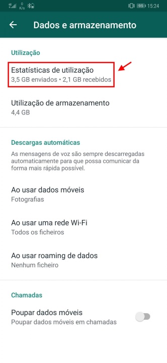 WhatsApp gastar dados ficheiros estatísticas