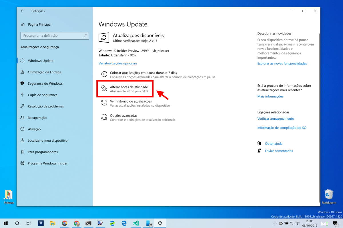 Windows 10 atualizações horas atividade instalação