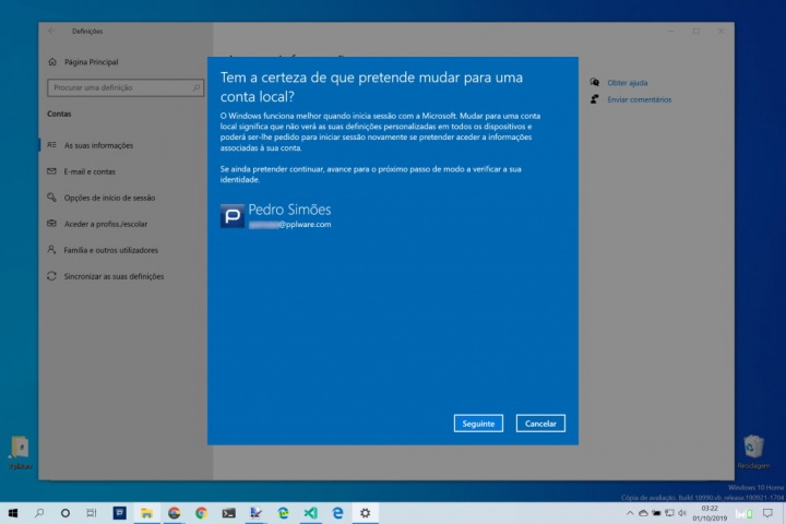 Windows 10 conta Microsoft Internet local