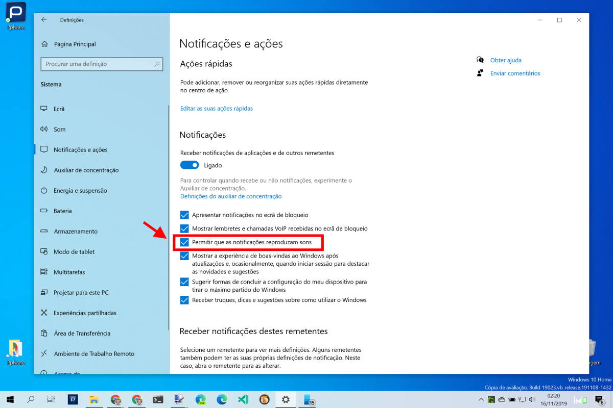 Windows 10 sons notificações aplicação desligar