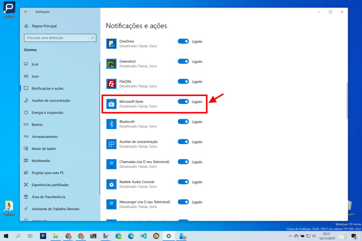 Windows 10 sons notificações aplicação desligar