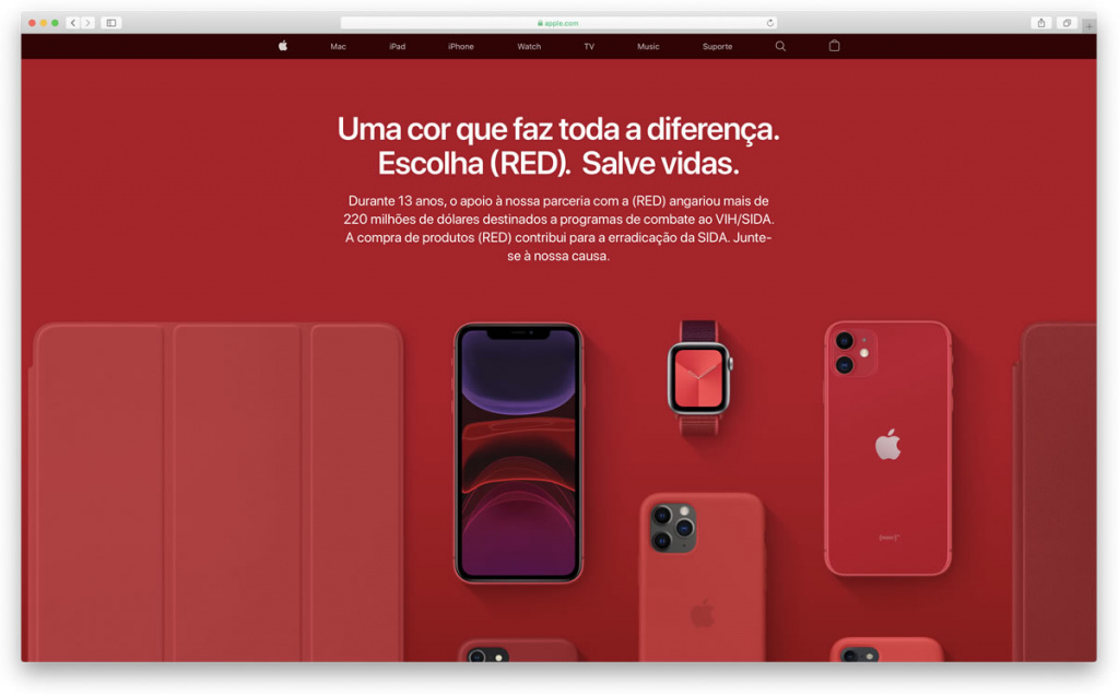 Imagem área Apple com iPhone, iPod touch e não só com PRODUCT(RED) para ajuda no combate à SIDA