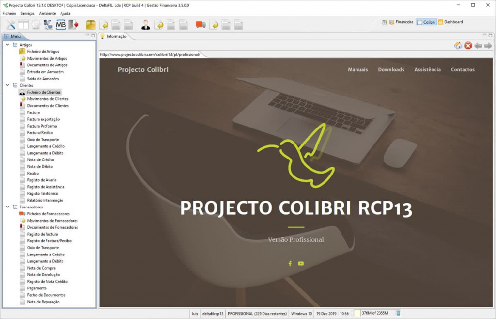 Imagem software de gestão Projecto Colibri