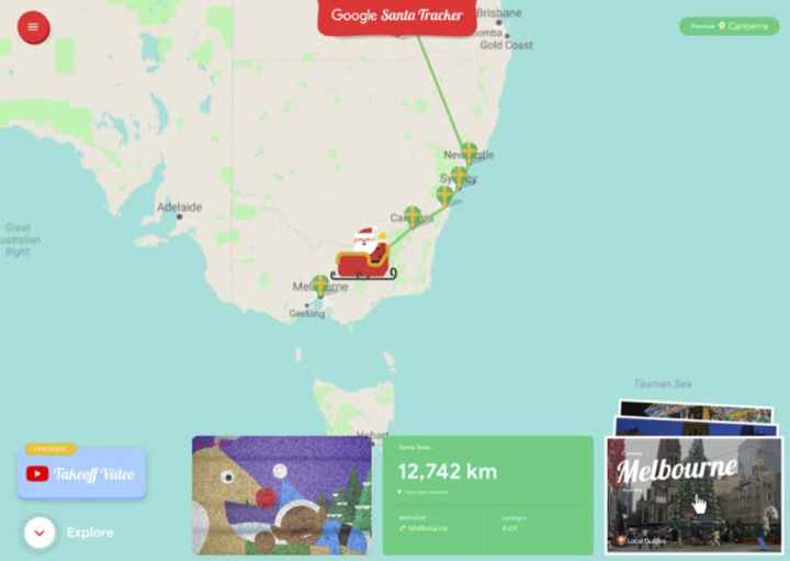 Mapa do Google com o caminho por onde passará o pai natal e as suas renas