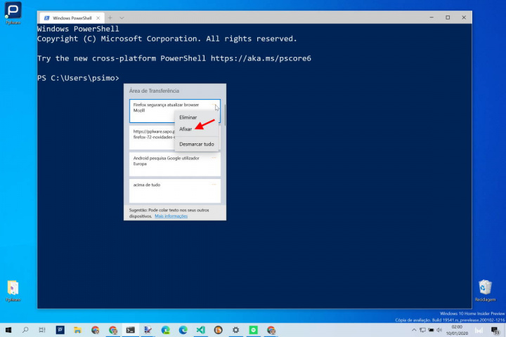 Windows 10 Área Transferência texto ficheiro