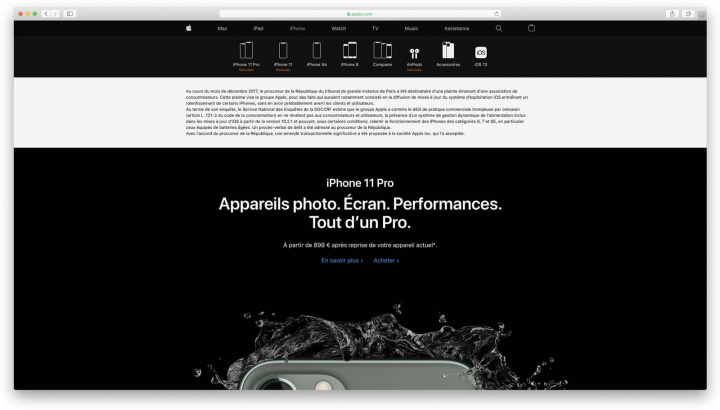 Imagem site de França da Apple com mensagem sobre multa