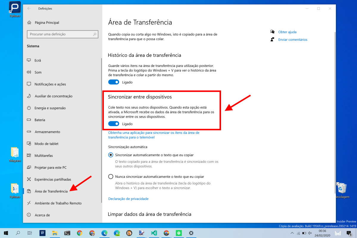 Como desligar a sincronização da Área de Transferência do Windows 10