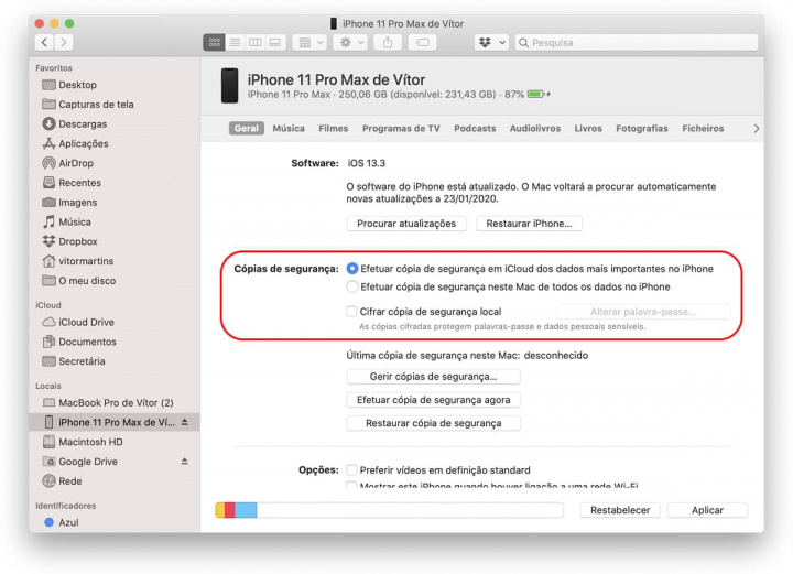 Imagem cópia de segurança Finder, macOS Catalina, no iPhone 11 Pro Max para iCloud