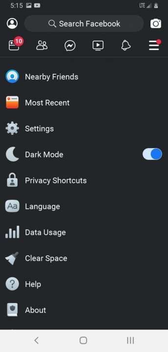 Facebook lite dark mode app android
