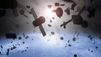 Imagem de ilustração do lixo no espaço na órbita ta terra. Satélites e detritos a vaguear
