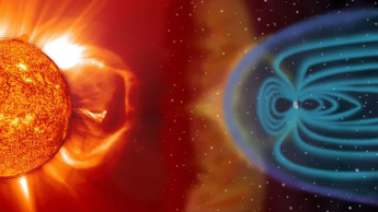 Imagem de uma temnpºestade solar e do escudo da Terra