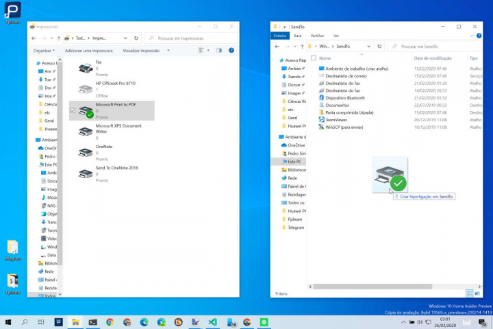 Windows 10 impressoras menu Enviar para dica