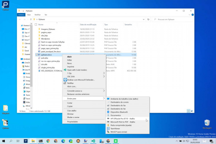 Windows 10 impressoras menu Enviar para dica