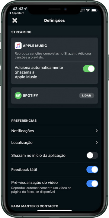 Shazam com opção Spotify e Apple Music