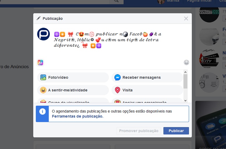 Facebook: como publicar a Negrito, Itálico ou com tipo de letra diferente?