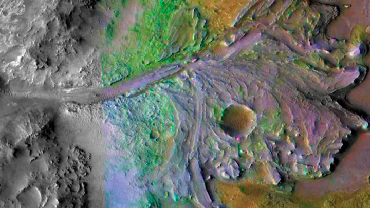 Imagem cratera Jezero no solo do planeta Marte, onde a NASA quer aterrar