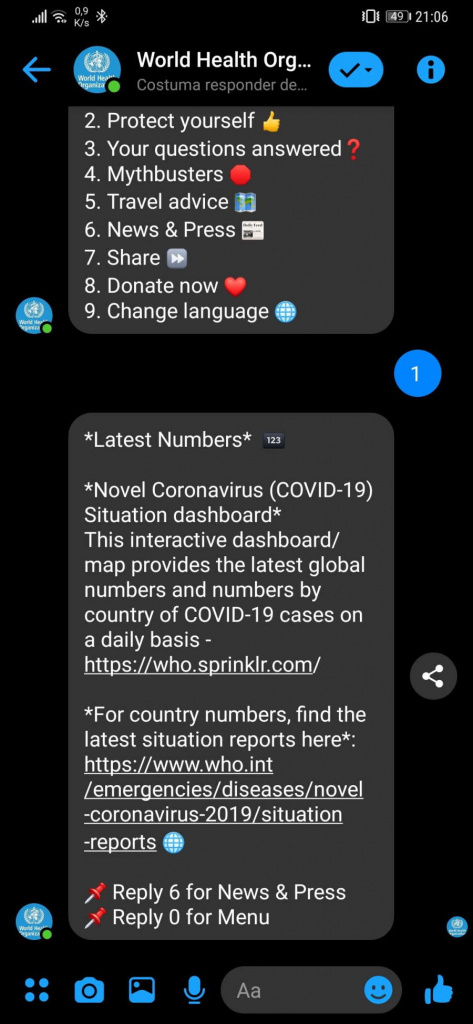 Messenger OMS WhatsApp COVID-19 comunicação