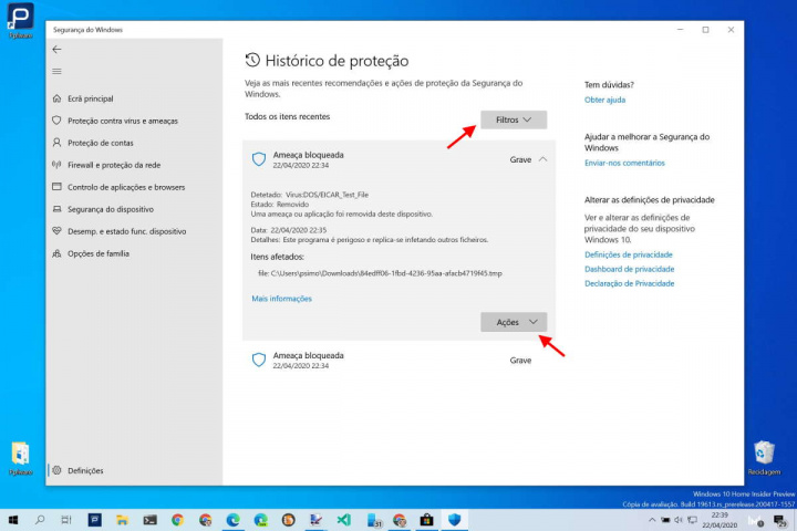 Windows Defender Windows 10 ameaças histórico segurança