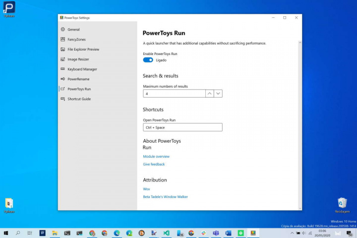Windows 10 Run PowerToys Microsoft pesquisa